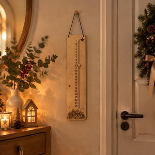 Weihnachts-Countdown aus Holz mit Schiebestern als Weihnachtsdekoration neben einer festlich geschmückten Haustür im hellen Flur.
