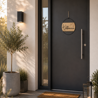 Personalisierbares Willkommensschild aus Holz „Sternblume“ in filigranem Blattreif mit personalisiertem Namensschriftzug an modernem Hauseingang.