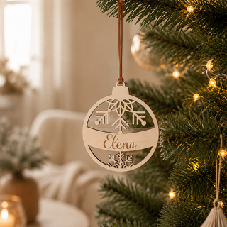 Personalisierte Weihnachtskugel aus Holz mit Schneeflockenmotiv und eingraviertem Namen an Weihnachtsbaum dekoriert.
