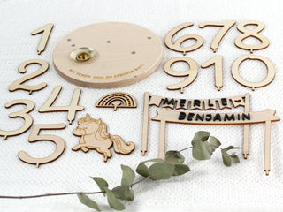 Lieferumfang personalisierbarer Geburtstagsteller aus Holz: Teller, Motivstecker, Zahlenstecker, personalisierter Wimpel oder Fahne