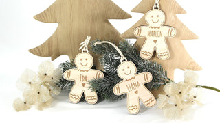 Personalisierte Lebkuchenmännchen aus Holz mit Gravur – Weihnachtsanhänger mit Namen Liana, Ida und Marlon, handgefertigte Deko für Tannenbaum oder Geschenkverpackung. Liebevoll dekoriert