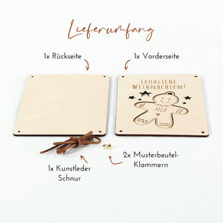 Übersicht Lieferumfang personalisierbare Geldgeschenkverpackung aus Holz mit Lebkuchenmann als herausnehmbaren Weihnachtsbaumanhänger 