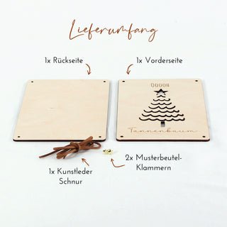 Übersicht Lieferumfang Geld-Geschenkverpackung aus Holz mit Tannenbaum-Motiv und Kunstlederschnur