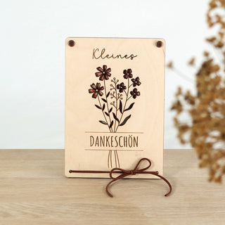 Personalisierte Holz-Geldgeschenk-Karte mit Blumenstrauß-Motiv, handgefertigt, mit Geldschein hinter den Blüten