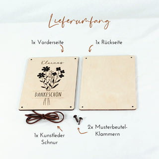 Lieferumfang personalisierte Holz-Geschenkkarte mit Blumenstrauß-Motiv als liebevolles Dankeschön, ideal für Freunde, Familie oder Kollegen