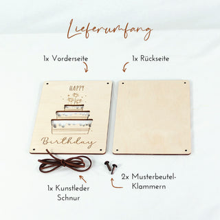 Lieferumfang handgemachte Geburtstags-Geschenkverpackung aus Holz mit Torte und Kunstlederschnur