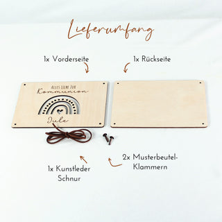 Lieferumfang liebevoll gestaltetes Geldgeschenk zur Kommunion mit Regenbogen-Motiv und Namensgravur