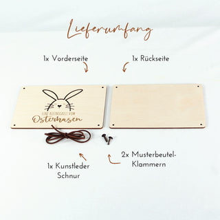 Übersicht Lieferumfang Geld-Geschenkverpackung aus Holz mit Osterhasen-Motiv und Kunstlederschnur