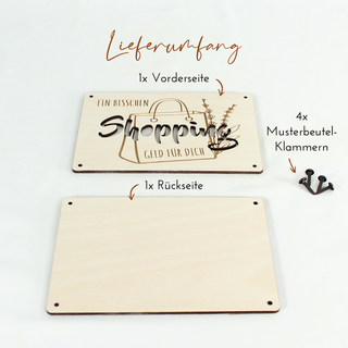 Lieferumfang handgemachte Geldgeschenk Verpackung aus Holz mit der Aufschrift "Ein bisschen Shopping Geld für dich".