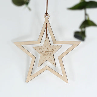 Holzstern mit feiner Lasergravur und Sternenmuster – festliche Deko aus Holz, beidseitig gelasert.