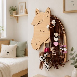Haarspangen Halter aus Holz in Pferdekopf Form mit braunen Bändern zur Aufbewahrung von Haarspangen im Kinderzimmer. Dekoriert in niedlichem Mädchen-Zimmer im Scandi Stil