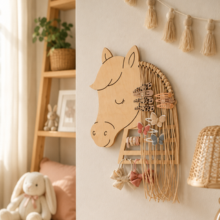 Haarspangen Halter aus Holz in Pferdekopf Form mit braunen Bändern zur Aufbewahrung von Haarspangen im Kinderzimmer. Dekoriert in niedlichem Mädchen-Zimmer im Boho Stil