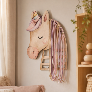 Haarspangen Halter aus Holz in Einhorn-Kopf Form mit beigen, rosanen und lilanen Bändern zur Aufbewahrung von Haarspangen im Kinderzimmer. Dekoriert in niedlichem Mädchen-Zimmer im Boho Stil