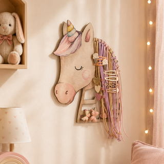 Haarspangen Halter aus Holz in Einhorn-Kopf Form mit beigen, rosanen und lilanen Bändern zur Aufbewahrung von Haarspangen im Kinderzimmer. Dekoriert in niedlichem Mädchen-Zimmer