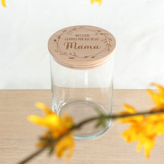 Vorratsglas mit graviertem Holzdeckel „Mit Liebe gefüllt für die beste Mama“ – dekoratives Geschenkglas für Muttertag oder Geburtstag