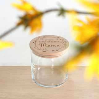 Liebevoll graviertes Vorratsglas mit Holzdeckel für Mama. Perfekt als Geschenk zum Muttertag, Geburtstag oder als kleine Überraschung – handgemacht & stilvoll
