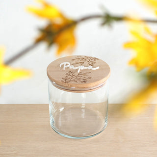 Personalisierte Vorratsdose aus Glas mit Holzdeckel und Blumen Gravur Geschenkidee