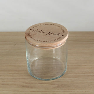 Geschenk Glasbehälter mit Holzdeckel und Gravur „Vielen Dank für die großen und kleinen Dinge und alles dazwischen"