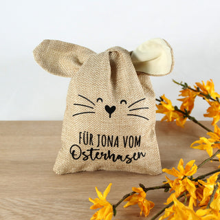 Personalisierter Osterbeutel aus Jute mit Osterhasen-Motiv und Namen – nachhaltiges Ostergeschenk für Kinder
gefüllt mit Osterüberraschungen