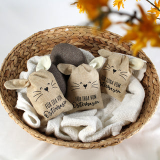 Personalisierte Osternester in Osterhasenform aus Jute. Mit Namen personalisiert.