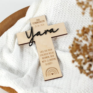 3D-Name auf personalisiertem Kreuz zur Taufe oder Kommunion, moderne Holzdeko fürs Kinderzimmer