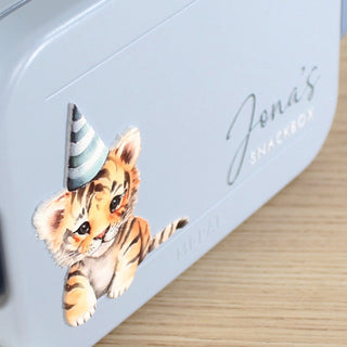 Detailansicht des Tiger-Motivs auf bedruckter Kinder Lunchbox
