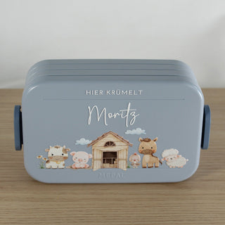 Niedliche bedruckte Mepal Brotdose mit Bauernhof Tieren und Namen personalisiert.