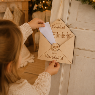 Kind steckt Zettel in Briefkasten für Wunschzettel aus Holz. Besondere Geschenkidee für Kinder und Familien in der Adventszeit.