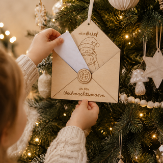 Kind steckt Zettel in den Briefkasten für Wunschzettel aus Holz, der am geschmückten Weihnachtsbaum hängt. Besondere Geschenkidee für Kinder und Familien in der Adventszeit.