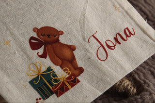 "Teddybär" Personalisierter Weihnachtsbeutel aus Baumwolle | Wiederverwendbarer Geschenkbeutel mit Namen