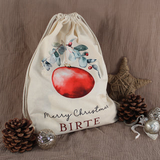 "Weihnachtskugel" Personalisierter Weihnachtsbeutel aus Baumwolle | Wiederverwendbarer Geschenkbeutel mit Namen