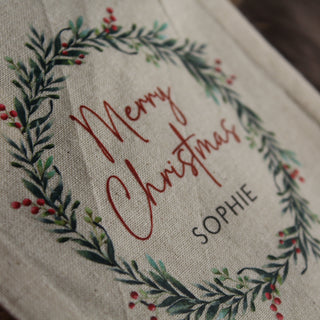 "Weihnachtskranz" Personalisierter Weihnachtsbeutel aus Baumwolle | Wiederverwendbarer Geschenkbeutel mit Namen