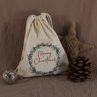 "Weihnachtskranz" Personalisierter Weihnachtsbeutel aus Baumwolle | Wiederverwendbarer Geschenkbeutel mit Namen