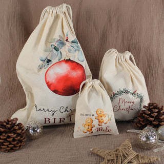 "Weihnachtskranz" Personalisierter Weihnachtsbeutel aus Baumwolle | Wiederverwendbarer Geschenkbeutel mit Namen