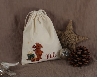 "Teddybär" Personalisierter Weihnachtsbeutel aus Baumwolle | Wiederverwendbarer Geschenkbeutel mit Namen